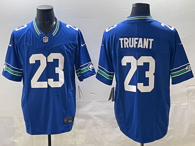 Men 2025 Seattle Seahawks 23 Trufant Blue retro Three generations Nike Limited NFL Jersey style 1